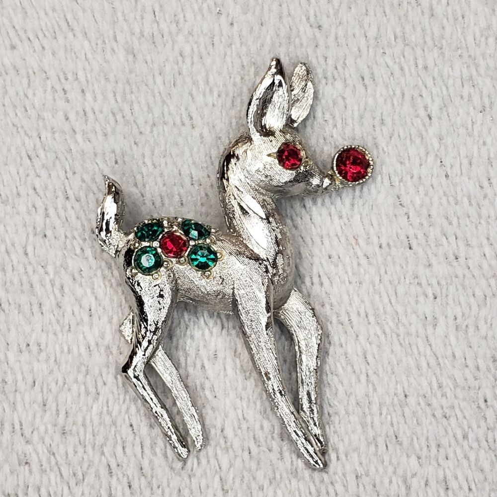 Reindeer Brooch Silver, red and green gem stones